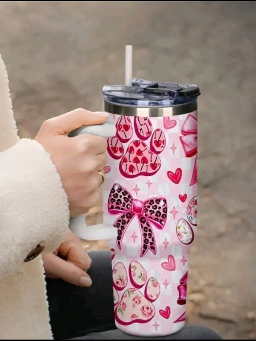 Pink Bows & Cat Paws Print 40 Oz. Insulated Stainless Steel Tumbler $38.00